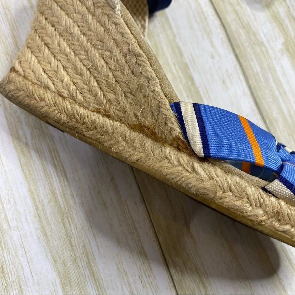 J. Crew Blue Striped Marianne Wrap Ankle Espadrille Wedge Sandals